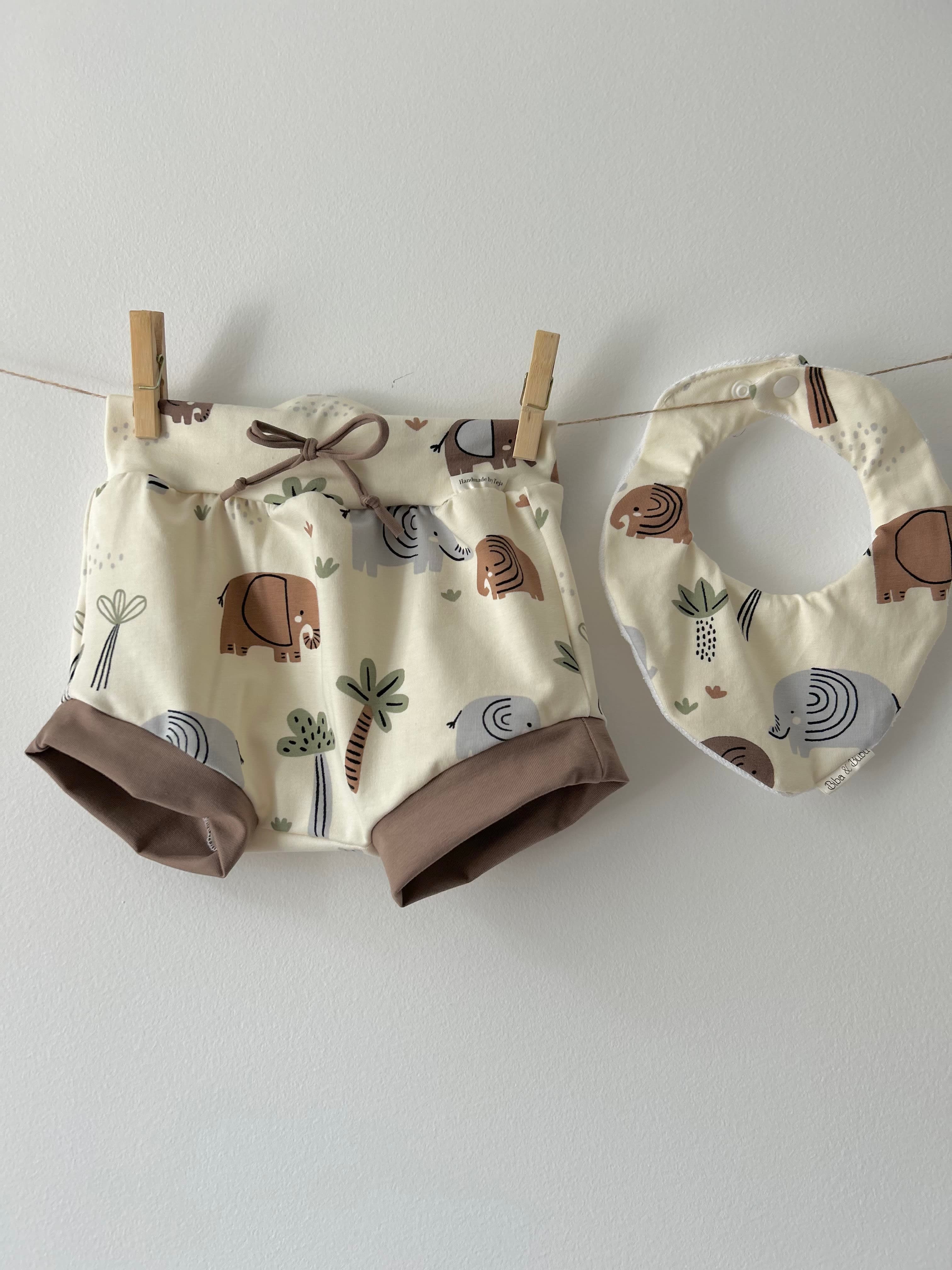 KOMPLET KTATKE HLAČE + SLINČEK ZA DOJENČKA - slončki